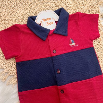 Macacão Curto Piquet com Gola Polo Barquinho - Vermelho e Marinho